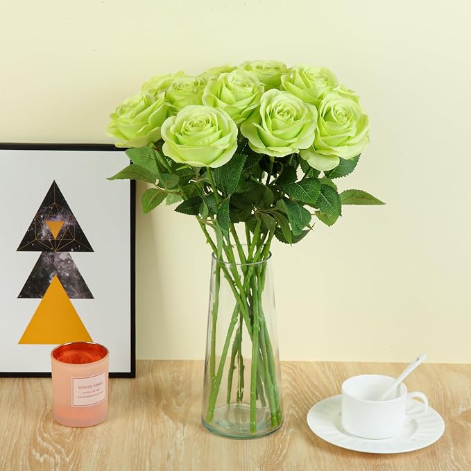 12pcs Roses Artificial Flowers Fake Roses Green Silk Roses White Silk Flowers Rose with Long Stems for Wedding Home Party Centerpieces Decorations