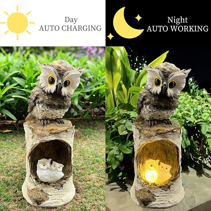 coolboy Owl Outdoor Garden Statue,Waterproof LED Solar Lights Outdoor Decor,Resin Owl Ornament,Solar Lantern Indoor Figurines for Patio Table Decor for Ourdoor Garden