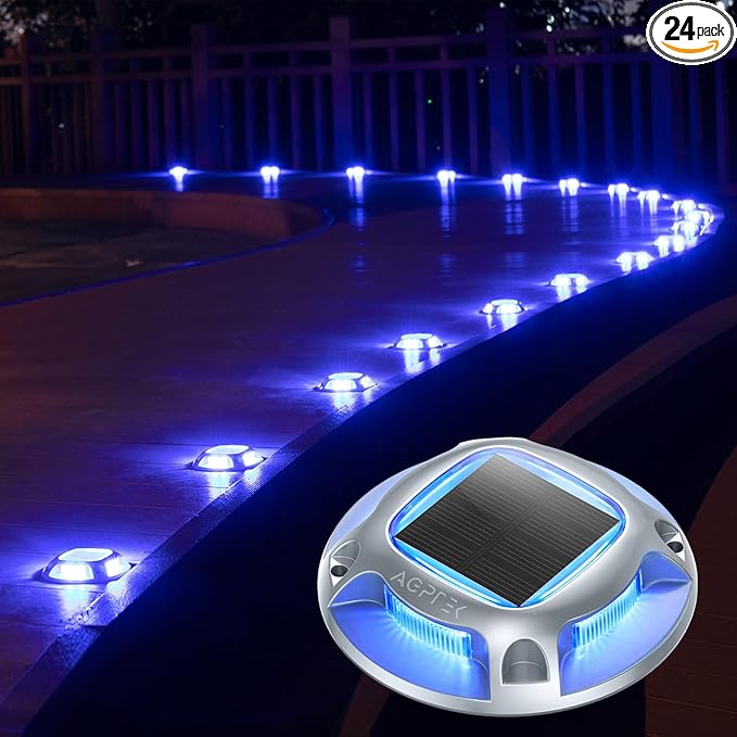 AGPTEK Solar Driveway Lights Outdoor 24 Pack, 2 Color Modes LED Deck Dock Marine Waterproof Security Marker Lights for Step Sidewalk Stair Garden Pathway Walkway Yard(Blue Light/Cool White)