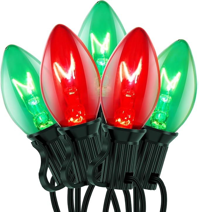 C7 Red and Green Christmas Lights Outdoor, 25Ft Outdoor Christmas Decorations String Lights with 27 Incandescent Bulbs, Vintage Christmas Lights for Indoor Outdoor Patio Christmas Party House Roofline