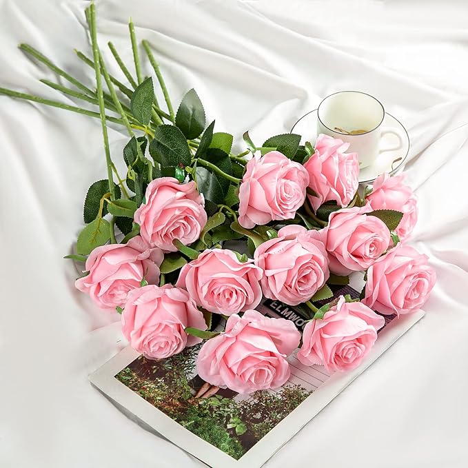 Hawesome 12PCS Artificial Silk Flowers Realistic Roses Bouquet Long Stem for Home Wedding Decoration Party (Pink -1) 1
