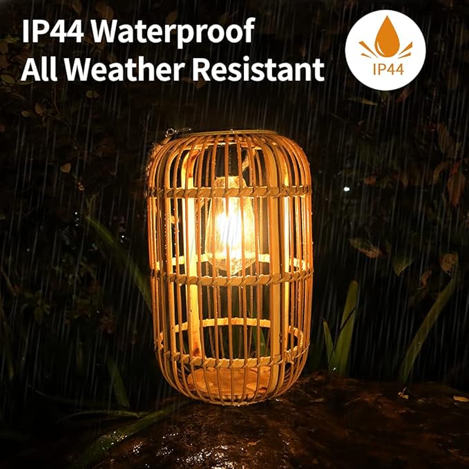 Solar Lantern Outdoor Waterproof, Large Rattan Solar Lantern Outdoor Hanging with Handle, Natural Bamboo Solar Outdoor Lights with Edison Bulb for Garden Patio Yard Tabletop Decoration