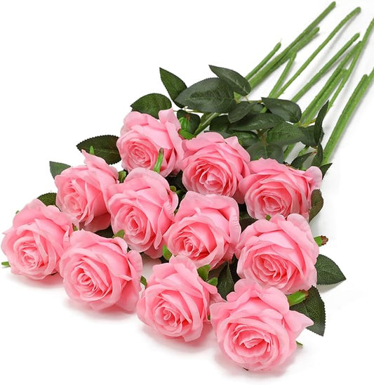 Pink Fake Roses Artificial Flowers - 10 Pcs Fake Artificial Roses Silk Flowers with Stems for Home Wedding Hotel Office Centerpiece Decor