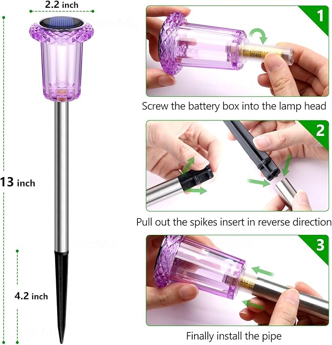 DenicMic Solar Lights Outdoor Pathway Lights LED Waterproof Acrylic Lamp Head Stainless Steel Stake for Yard Garden Landscape Path Walkway Driveway Patio Lawn (Purple 15Pack)