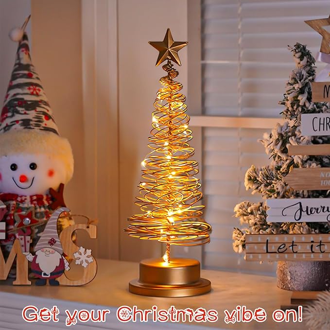 Christmas Tree Lamp, Spiral Christmas Tree with Glittering Star, AA Battery Operated Gold Christmas Tree Light with Metal Stand for Christmas Table Decoration（Batteries not Included）