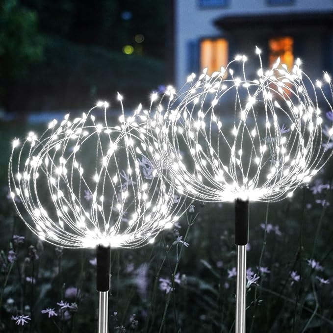 Solar Garden Fairy Lights 4 Pack 120 LED 30 Copper Wire Outdoor Firework Landscape Path String Lights Waterproof 8 Lighting Modes Remote Control for Backyard Christmas Party Decorative (White)