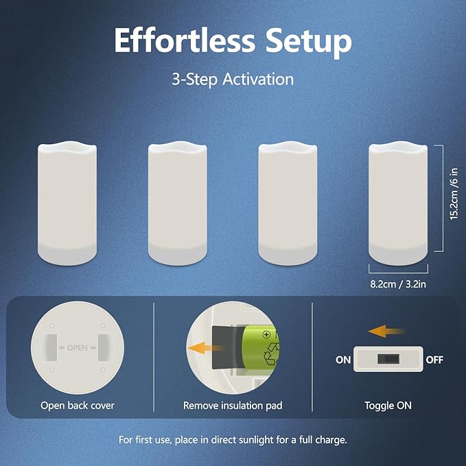 salipt Solar Powered Candles - 3.25" x 6" Waterproof LED Flameless Pillar Candle Set,Dusk to Dawn, Rechargeable Solar Battery Included,Waterproof for Patio Decor,Set of 4