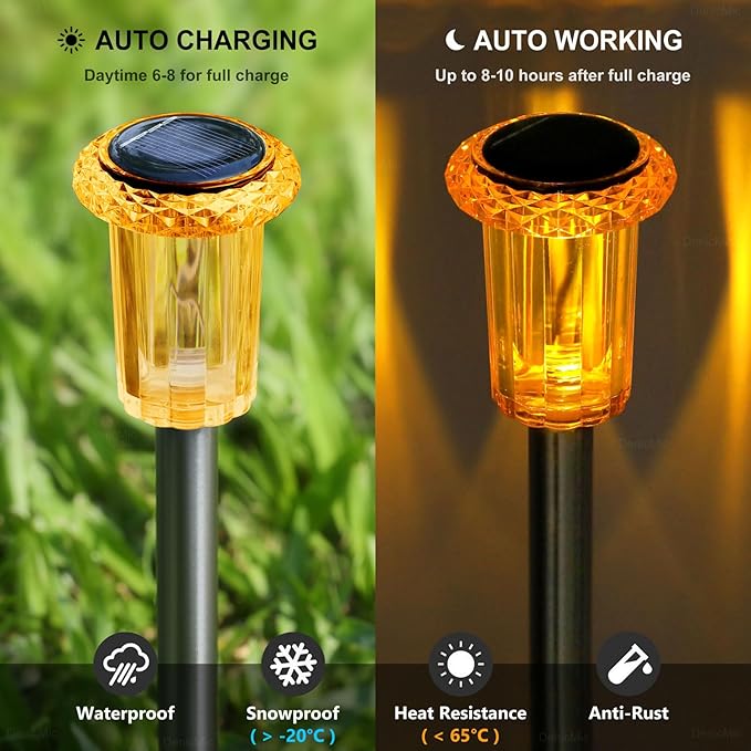 DenicMic Solar Lights Outdoor Pathway Lights LED Waterproof Acrylic Lamp Head Stainless Steel Stake for Yard Garden Landscape Path Walkway Driveway Patio Lawn (Orange 10Pack)