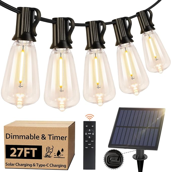 Bosceos Solar String Lights Outdoor with Remote, 27FT Solar Powered LED Lights for Outside with 16 Shatterproof ST38 Bulbs, Dimmable Light String, Patio Hanging Light for Backyard Garden Party Decor