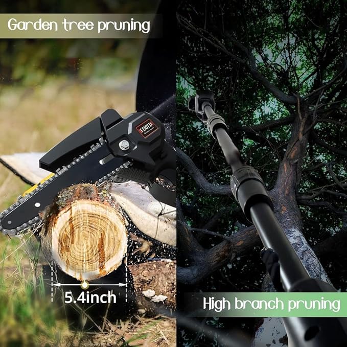 High Branch Chainsaw. 6-inch Brushless Lithium Pole Saw. 2 x 24V Battery and Charger. Three Telescopic rods. Lightweight Garden Pruning Tool. for Tree Pruning.