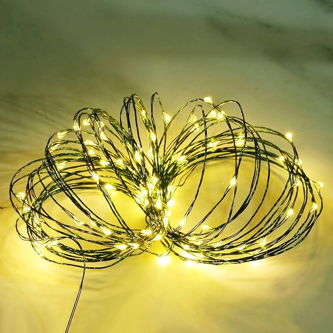 8 Pcs Battery Operated String Lights Outdoor String Lights 33 ft 100 LED Warm White Wire Green Battery Operated Fairy Lights with 8 Modes for Christmas Garden Patio Tree Decorations(8 Pcs,33 ft)