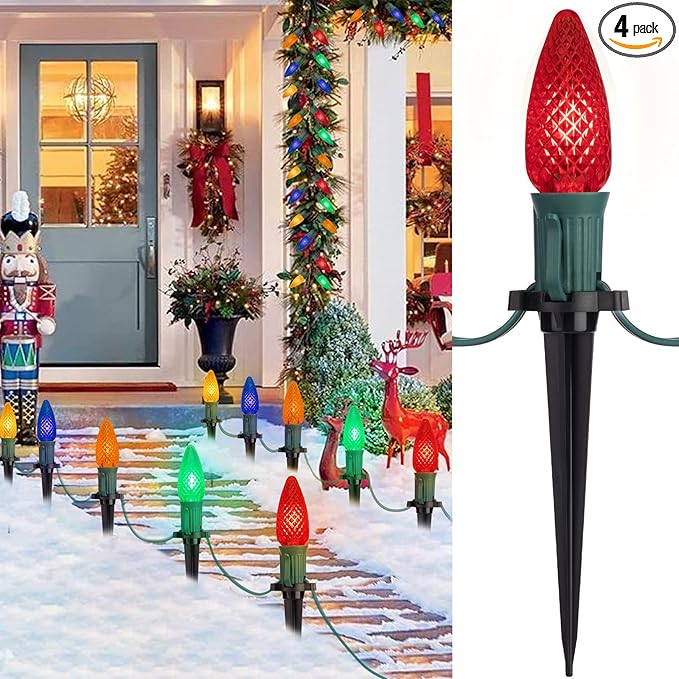C9 Christmas Pathway Lights Outdoor, 25.7 Feet 20 LED C9 Strawberry Walkway Lights with Marker Stakes, Connectable Shatterproof C9 String Lights for Outside Yard Decorations, Multicolored, 4 Pack