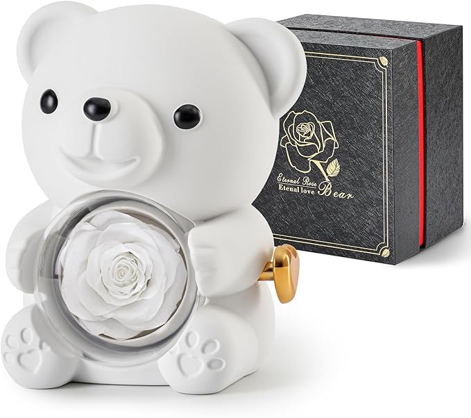 Cute Teddy Bear with Preserved Rose - A Real Rose Flower in Bear with Elegant Gift Box - Romantic Gift for Her in Mother's Day, Weddings, Anniversaries, and Bridal Showers (White)