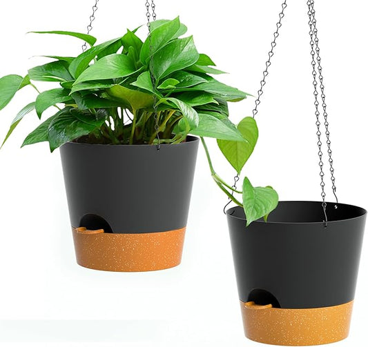 Hanging Planters for Indoor Outdoor Plants, 2 Pack Self Watering Hanging Pot with Drainage Holes and Plant Hangers, Hanging Baskets Flower Pots for Home Garden Decor (Black, 10 inch)