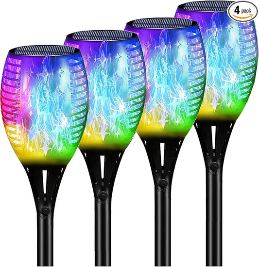 YoungPower Multi Color Halloween RGB Christmas Outdoor Solar Torch Lights, Flickering Flame Solar Garden Lights Decoration Waterproof Outside Yard Decor, 4 Pack