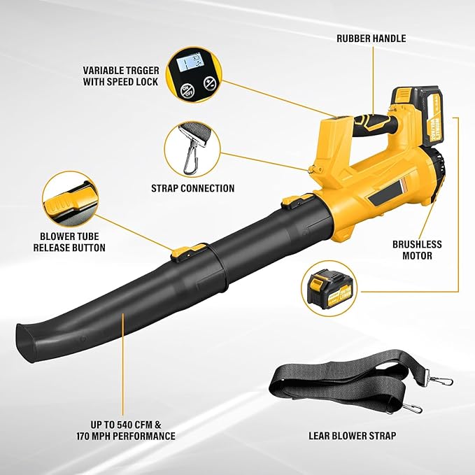 Cordless Leaf Blower – 6-Speed Settings. 540 CFM/170 MPH Powerful Electric Blower with 2x6.0 Ah Batteries & Fast Charger. Lightweight Leaf Blowers Great for Lawn Care, Yard Work and Garage Cleanup