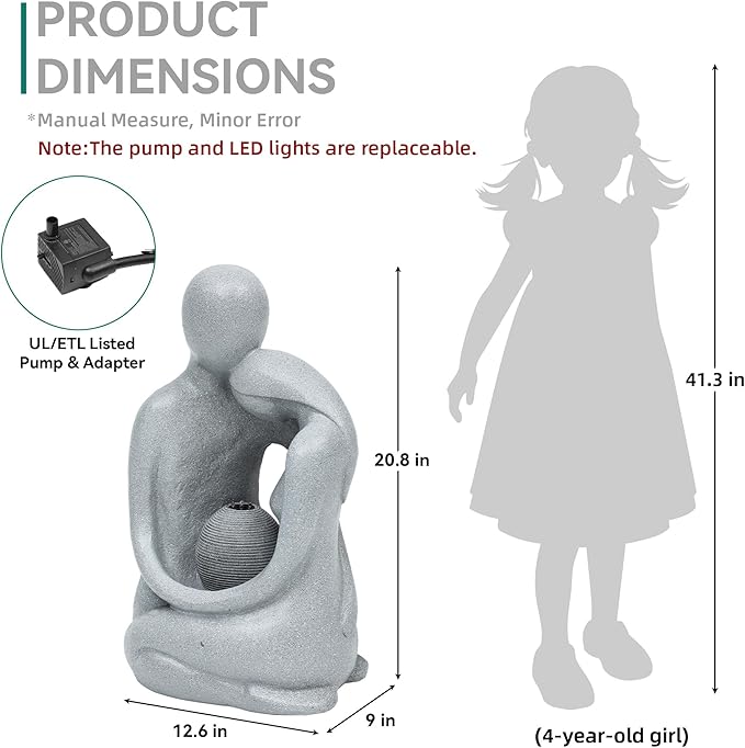 20.9in Hugging Couple Outdoor Water Fountain with LED Lights, Modern Couple Silhouette Garden Water Fountain for Patio, Yard,or Indoor Décor