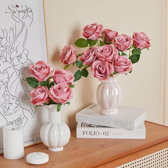 Serwalin 30pcs Artificial Roses Flowers, Dusty Pink Roses with Long Stems Realistic Fake Silk Roses Flowers for DIY Wedding Bouquet Centerpieces Party Home Table Decor