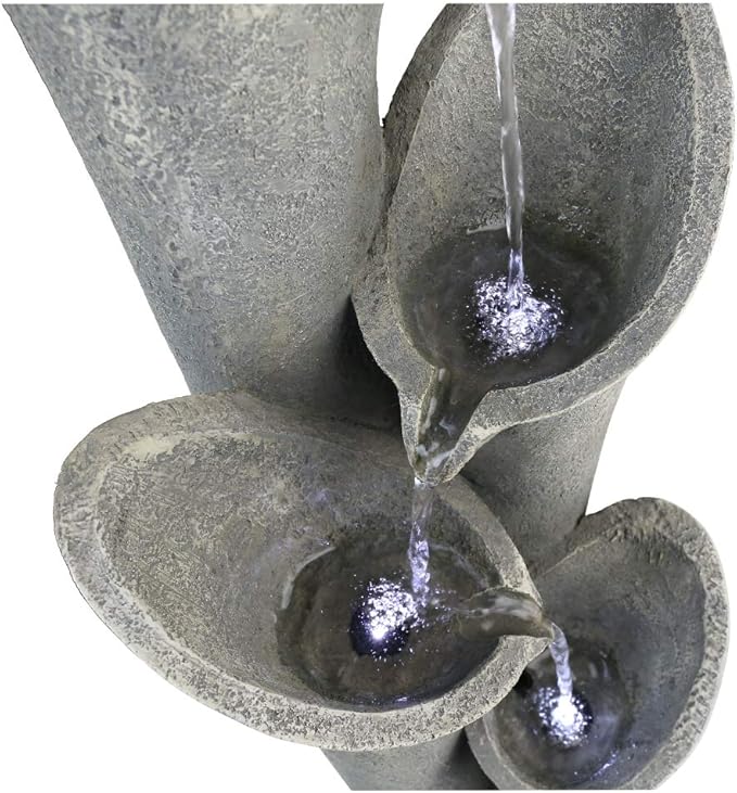 4-Tier Faux Stone LED Floor Fountain, 33.5 Inch Waterfall Outdoor Fountain LED Illuminated Water Feature for Patio Garden