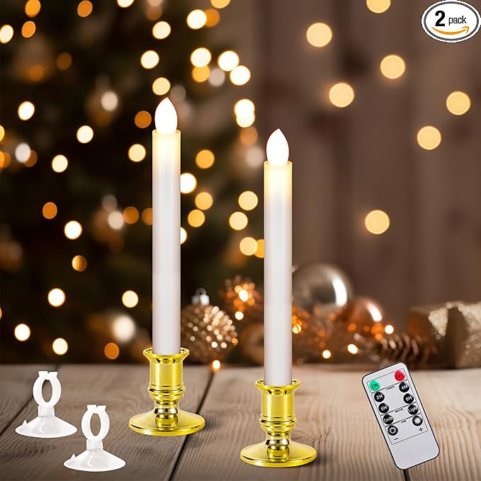 2 Pack Christmas Window Candles with Remote Timer, Flickering Flameless Candles with Candle Holders Suction Cups for Christmas Party Decorations, Gold