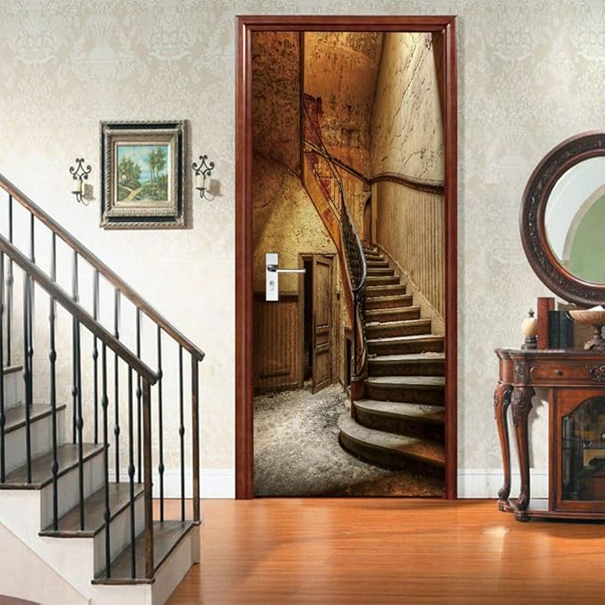 3D Door Stickers Murals Peel and Stick - Old Stairs - Door Wallpaper Self-Adhesive Door Decals Removable PVC Waterproof Door Poster for Bedroom Living Room Door 33.9" x 78.7"