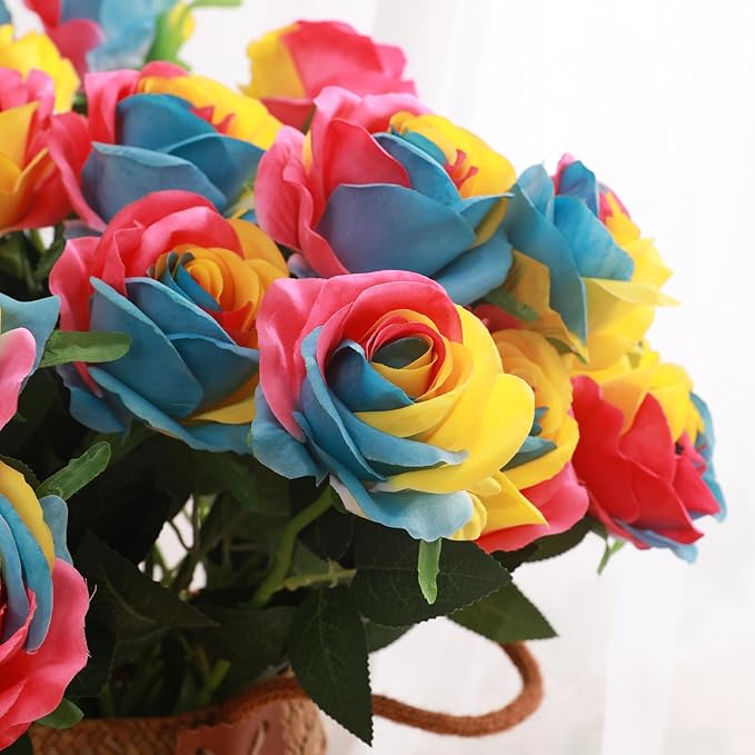 Rainbow Fake Roses Artificial Flowers - 10 Pcs Fake Artificial Roses Silk Flowers with Stems for Home Wedding Hotel Office Centerpiece Decor（Rainbow2）