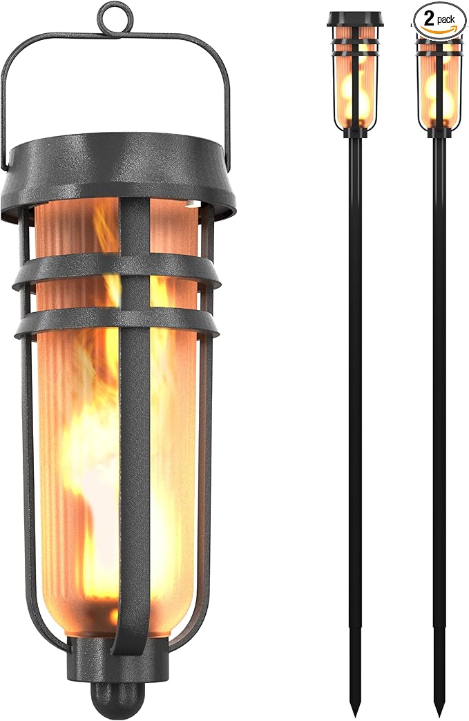 Metal Solar Torch Lights - Adjustable Height (24" - 50"), Outdoor Garden Decor with Patented LED, Waterproof Solar Tiki Torches for Yard, Patio, Garden Pathway, Matte Black – 2 Pack