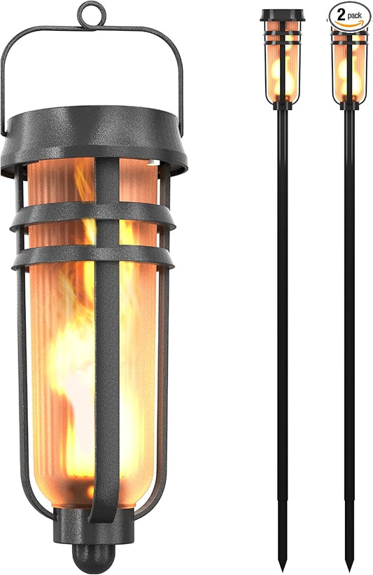 Metal Solar Torch Lights - Adjustable Height (24" - 50"), Outdoor Garden Decor with Patented LED, Waterproof Solar Tiki Torches for Yard, Patio, Garden Pathway, Matte Black – 2 Pack