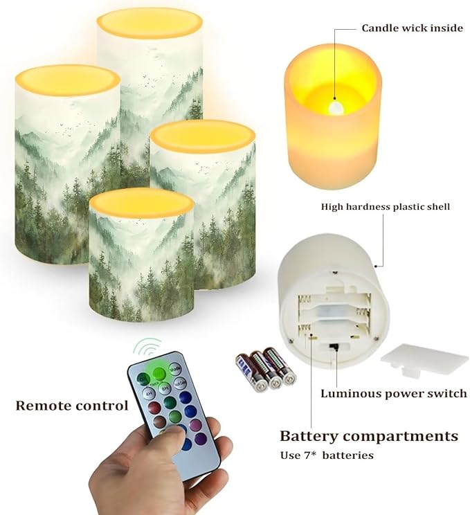 LED Flameless Candles Set Battery Operated Candles Pack of 4 with Remote Control Timer Dancing Flame Pillar Candles for Indoor Home Desktop Decoration, Mountain Tree Green