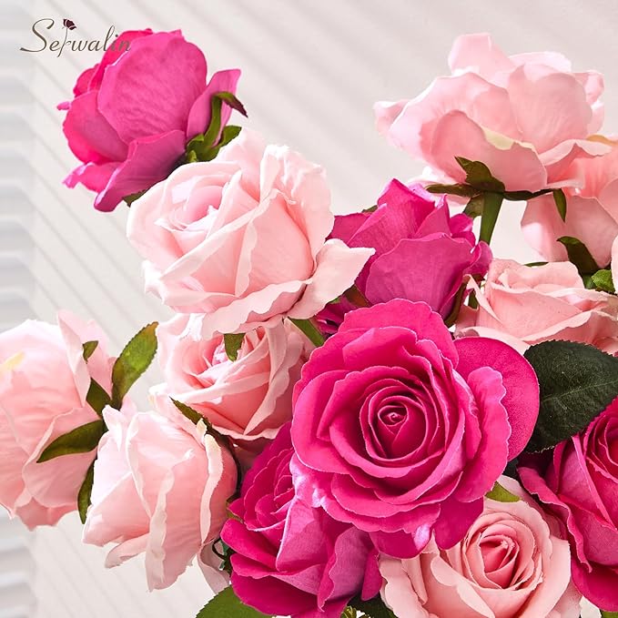Serwalin 20pcs Artificial Pink & Hot Pink Roses, 4'' Big Flower Head, Fake Velvet Roses, Silk Roses Long Stems Realistic Bouquet for Wedding Parties Table Centerpiece and Home Decor