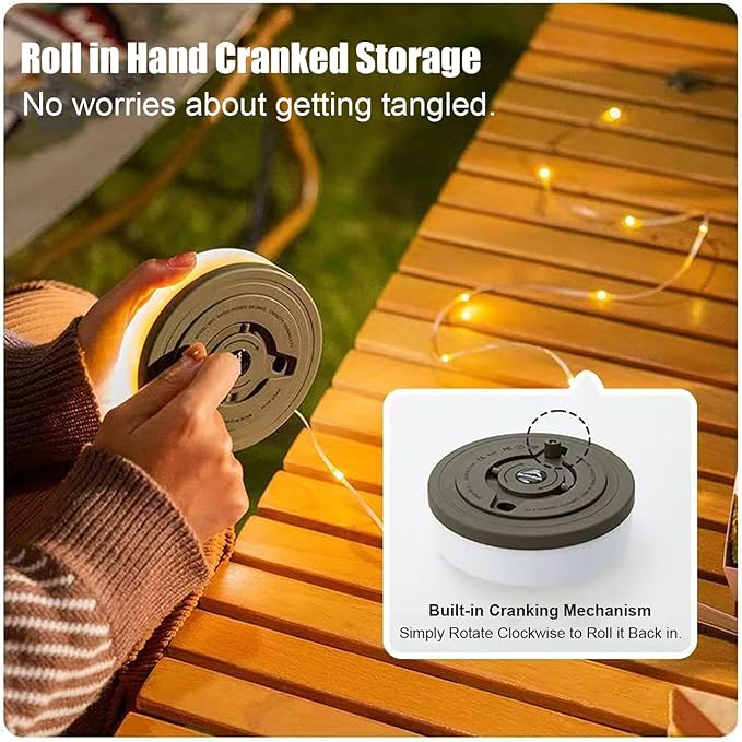 Solar Camping String Lights Roll Up 32.8FT, Rechargeable via Solar and USB, Waterproof Portable 2 in 1 Camping String Lights Lamp for Outdoor Camp Tent Garden Party Festival Decorations