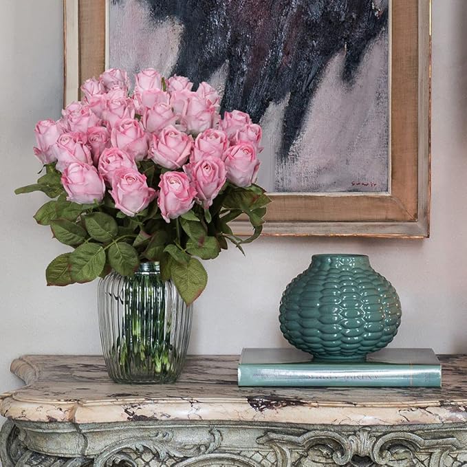 Artificial Realistic Roses Pink Flowers 24" Real Touch Silk Roses Bouquet Long Stems Rose Fake Roses Decor for Home Party Wedding Table Centerpieces Roses Realistic - 5 Pcs