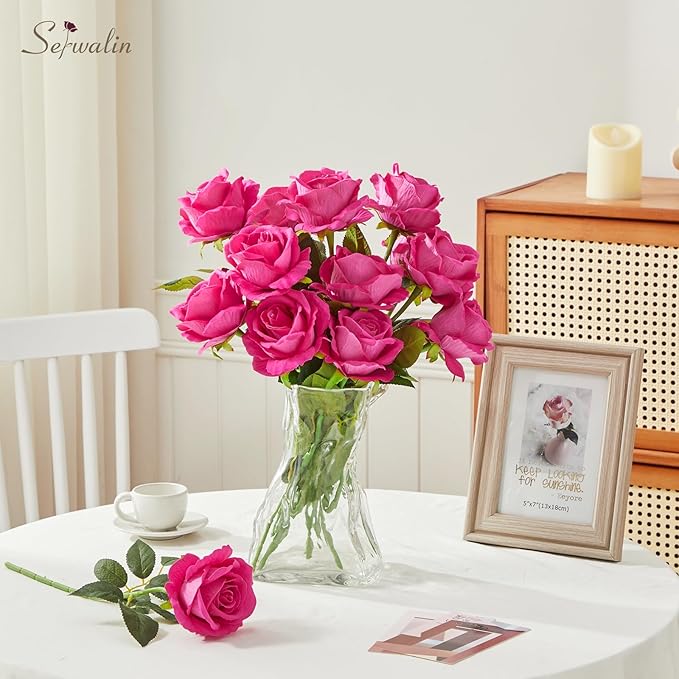 Serwalin 20pcs Artificial Roses, 4'' Big Flower Head, Hot Pink Roses Velvet Real Touch, Silk Fake Roses Long Stem Realistic Bouquet for Wedding Table Centerpiece and Home Decor