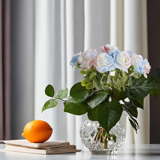 Pink Blue Mix Artificial Roses Fake Flowers Not Bend The Peduncle with Stems for DIY Wedding Bouquets Bridal Shower Centerpieces Arrangements Tables Decorations 24pcs