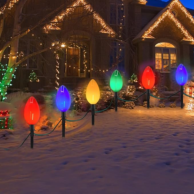 Jumbo C9 Christmas Pathway Lights Outdoor, 2 Pack 7FT C9 Christmas Walkway Lights with 4 LED Jumbo Multicolor Bulbs, Christmas Yard Decoration Lights for Outside Lawn Garden Driveway, 8 Lights