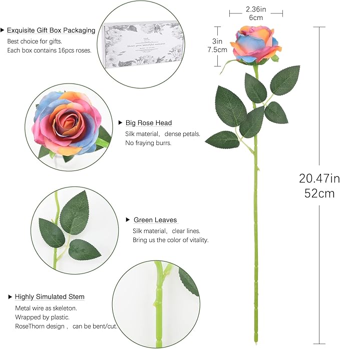 Rainbow Fake Roses Artificial Flowers - 16 Pcs Fake Artificial Roses Silk Flowers with Stems for Home Wedding Hotel Office Centerpiece Decor（Rainbow）