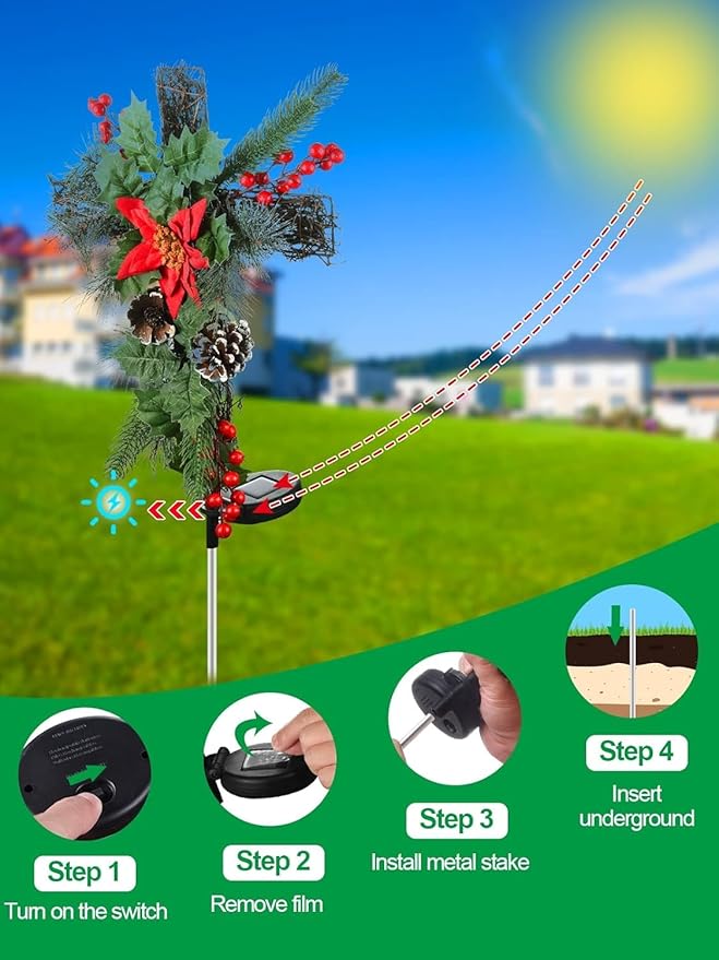 2 Pack Christmas Decorations Outdoor Solar Cross Stake Lights for Christmas Decor, IP65 Waterproof, Auto On/Off Cross Light Grave Decorations with 10 LEDs & Pinecones for Garden Yard Lawn Cemetery