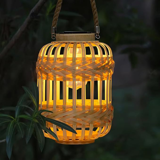 Solar Lanterns Outdoor Hanging Lights Rattan Bamboo Solar Light Waterproof with Twine Handle Garden Decorative Table Lamp for Yard Tabletop Patio Tree Pathway Home Decoration