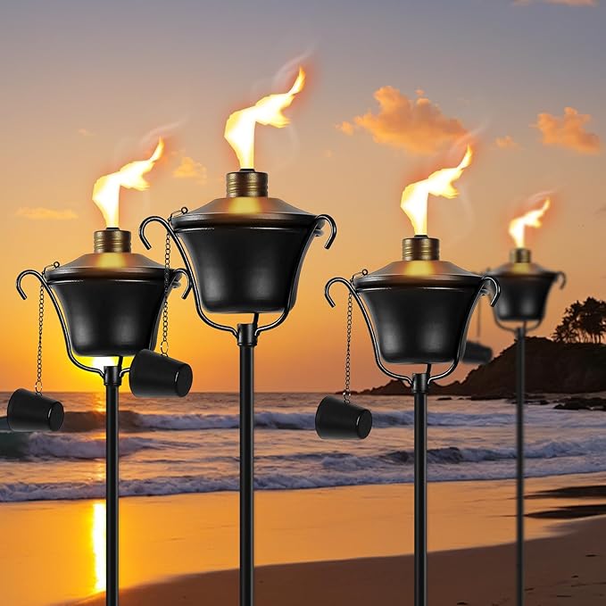 Citronella Torches Set of 6, 3-Prong Grounded Stake Outdoor Torches, 14.5 oz Garden Torches for Outside, 58 inch Outdoor Decorative Torch