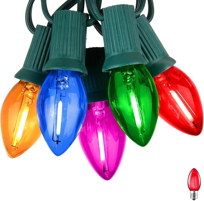 Multicolor C7 LED Christmas String Lights, 100FT C7 Vintage Christmas Lights with 104 Bulbs(4 Spare), Commercial Connectable Christmas Tree Lights for Xmas Holiday Roofline Garden Wedding Decor