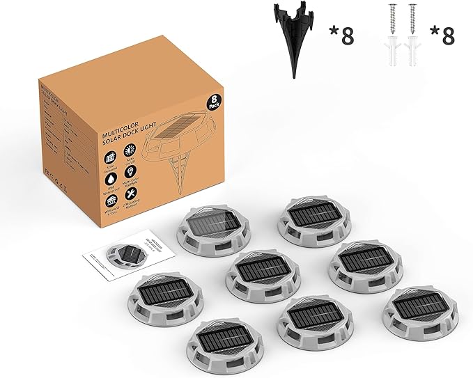 8Pack Aluminum Alloy Solar Driveway Lights, IP68 Solar Deck Light Marine Dock Lights Outdoor Waterproof, Multi-color LED Driveway Markers for Walkway, Path Decor [12Modes - Strobe/RGB/Fix-color]