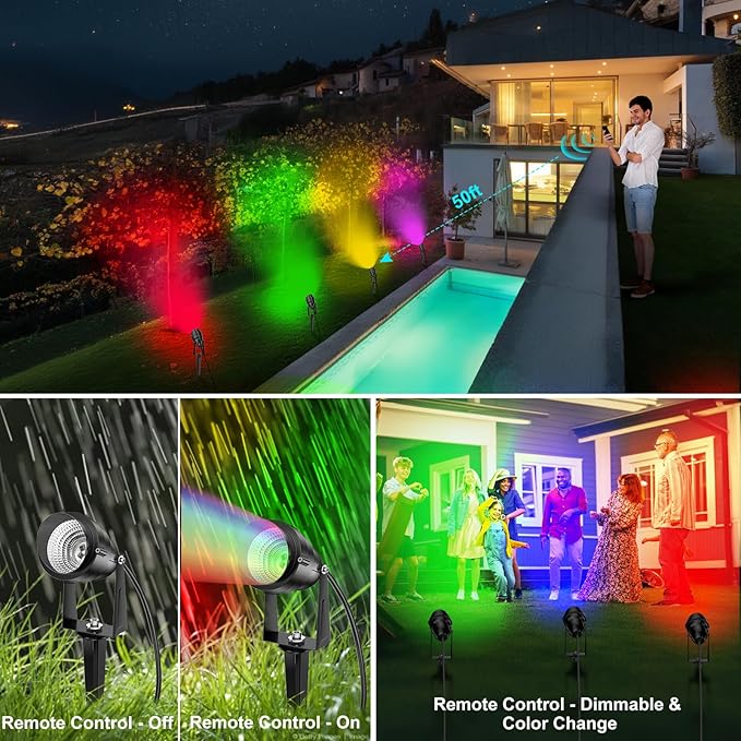 1500LM LED High Brightness Outdoor Landscape Lighting 15W RGBCW Color Changing Landscape Lights Remote Control Spot-Lights with Plug in IP66 Waterproof Flood Light for Garden - 2 Pack
