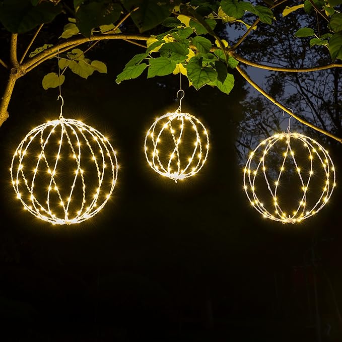 LIGHTSHARE 248LED 12IN+16IN+20IN Light Ball Yard Decoration Pathway Lights White Sphere Light Fold Flat Metal Frame Indoor Outdoor Waterproof Garden Lights, Plug in(Set of 3)