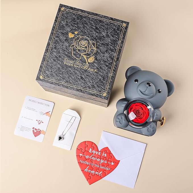 Cute Teddy Bear with Preserved Rose - A Real Rose Flower in Bear with Elegant Gift Box - Romantic Gift for Her in Mother's Day, Weddings, Anniversaries, and Bridal Showers (Grey)