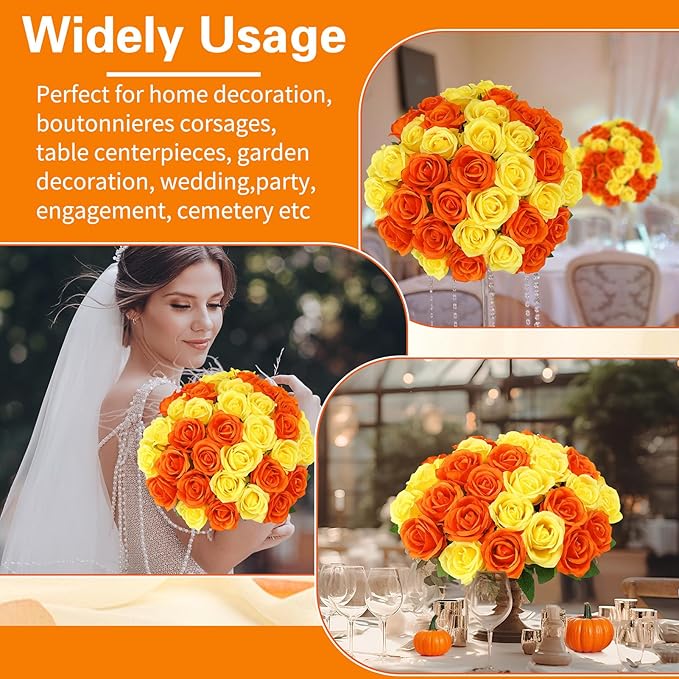 36 Pcs Yellow, Orange Artificial Roses with Long Stems, Purple Fake Silk Rose Artificial Flowers Bulk for Bridal Wedding Bouquet Centerpiece Ball Arrangement Party Decor
