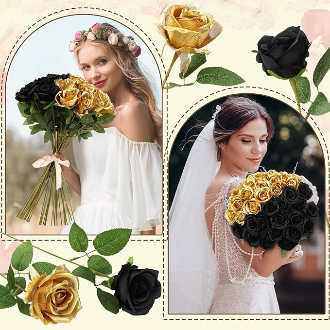 36 Pcs Silk Black Gold Rose Bouquet Bridal Artificial Flowers,Fake Rose Long Stem Realistic Flowers Bulk for Wedding Bouquet Ball Arrangement Centerpiece Party Decor