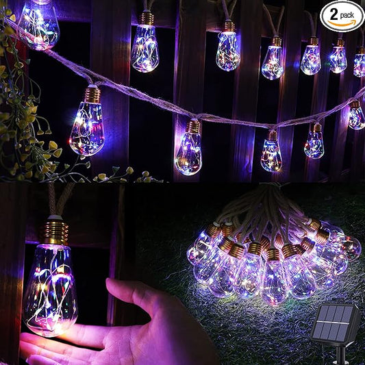 Solar Outdoor String Lights, 2 Pack 20Ft Vintage Rope Hemp Solar Patio Lights, Waterproof Multicolor Solar Powered String Lights With 8 Modes 16 Shatterproof Bulbs for Outside Garden Fence Stairs