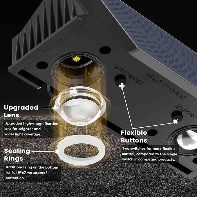 Fence Lights Solar Powered, 4-Pack Solar Fence Lights Up/Down Flexible Buttons, IP67 Waterproof for Outdoor, 120LM Bright, Auto Dusk to Dawn for Wall/Stairs/Yard/Railing/Deck/Pathway (White & RGB)