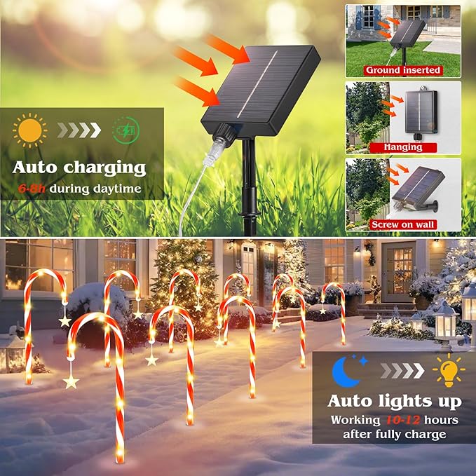 19.3in Christmas Solar Candy Cane Lights, 10 Pcs Pathway Light with Star 8 Flashing Modes, Outdoor Christmas Decorations for Outside Path, Walkway, Driveway, Sidewalk, Porch, Yard, Garden