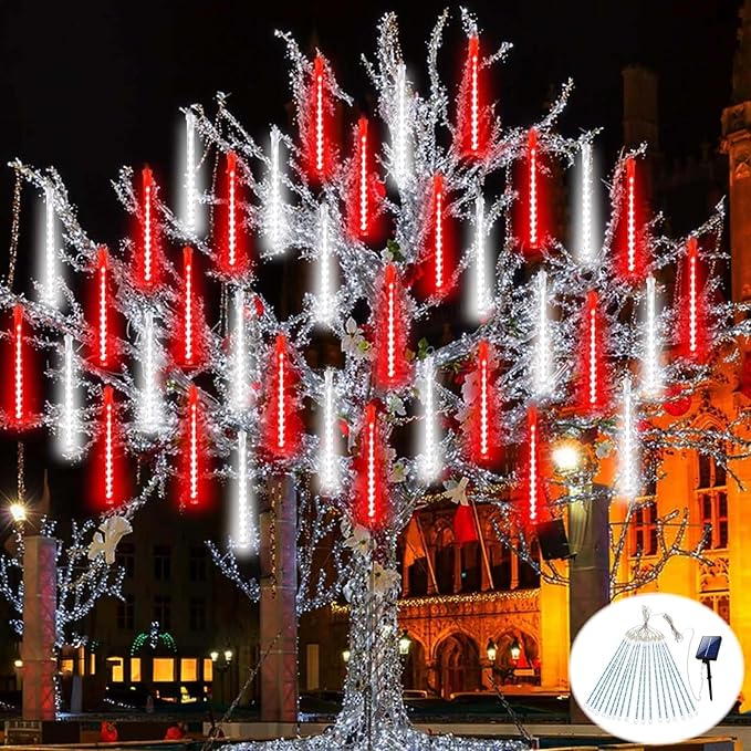 Solar Meteor Shower Lights Outdoor Waterproof, Christmas Decorations Lights Solar Powered, 16 Tubes 384LED Rain Drop Lights, Snow Cascading String Lights for Tree Party Garden Decor (Red and White)